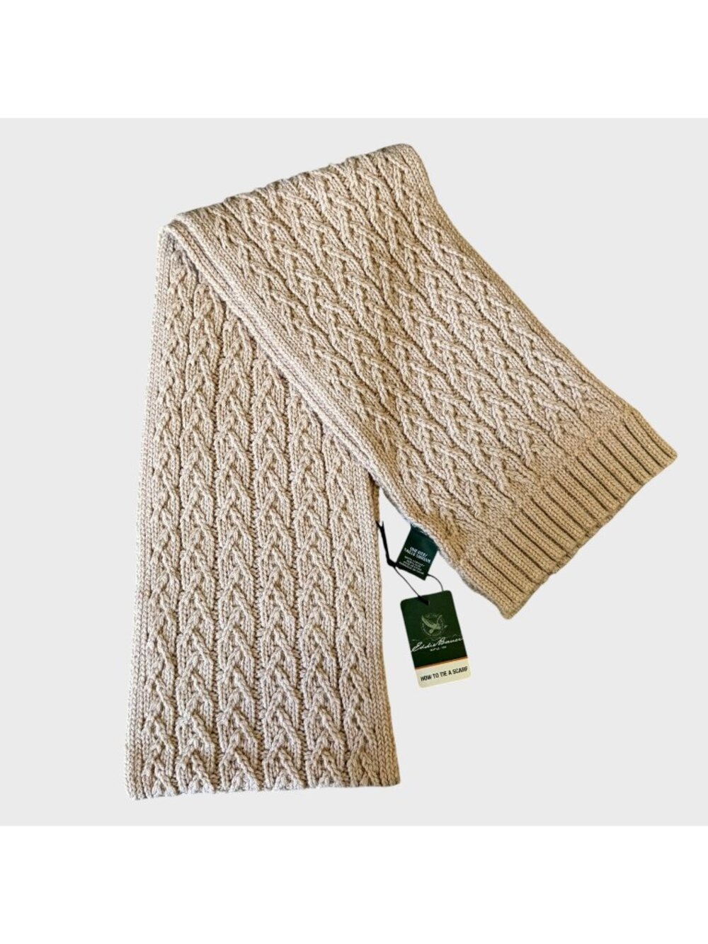 Eddie Bauer Cable Knit Scarf Khaki/Tan Women's O/S Chunky Soft Warm Winter NEW - Picture 1 of 8